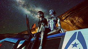 two characters on vehicle wallpaper, Mass Effect, video games