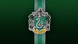 green and gray Slytherin logo, Slytherin, Sonserina, Harry Potter, Hogwarts