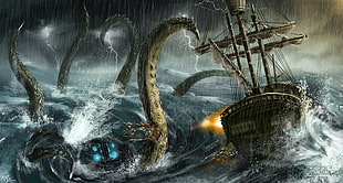 Kraken attacking sailing ship, artwork, fantasy art, rain, sea