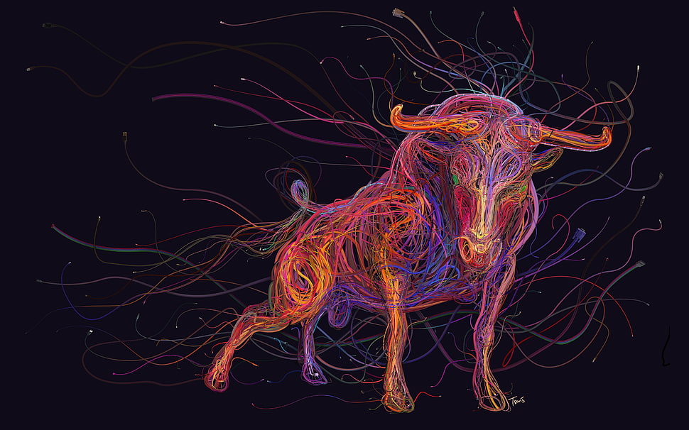 multicolored bull wallpaper, Bull, colorful, digital art, animals HD wallpaper