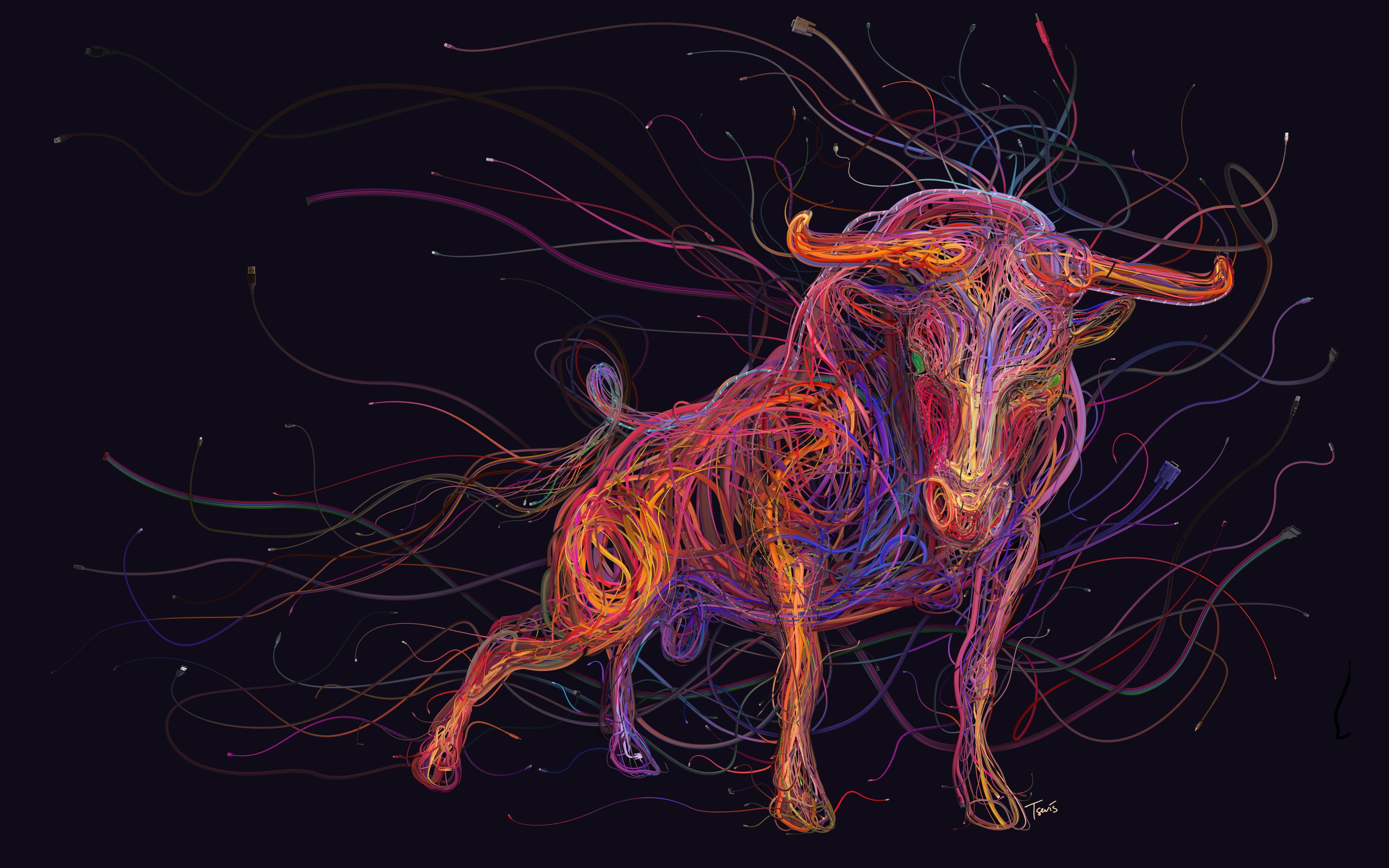 multicolored bull wallpaper, Bull, colorful, digital art, animals