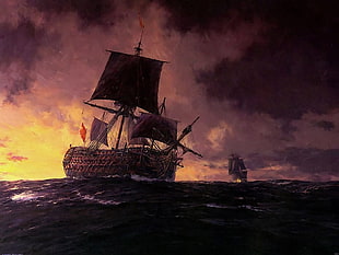 brown sailing ship on body of water painting, sailing ship, artwork, sea, ship