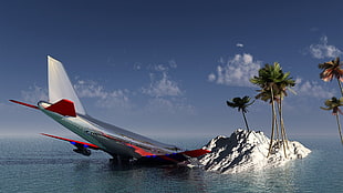 crashed airplane illustration, island, CGI, airplane