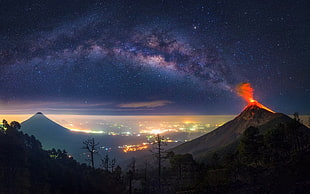 silhouette photo of volcanic eruption, volcano, Milky Way, Guatemala, nature HD wallpaper