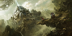 red and black robot character digital wallpaper, fantasy art, mountains, warrior, sword