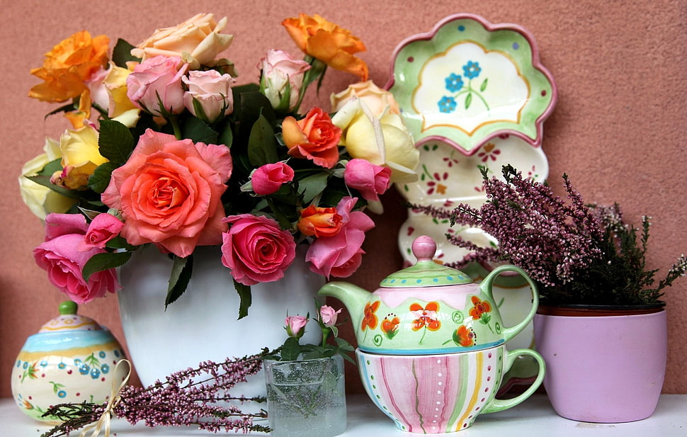 white, green and pink ceramic vases pink and orange artificial flowers HD wallpaper