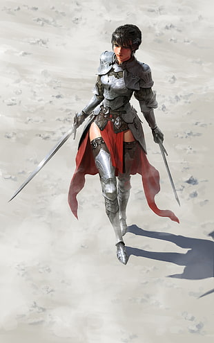 female PC game character holding two swords