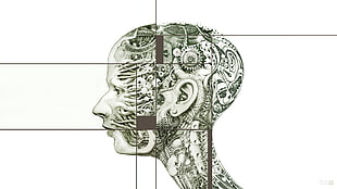 human head with gear illustration, abstract, face, clockworks
