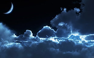 gray and blue cloud with half moon