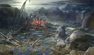 gray dragon skeleton illustration, fantasy art, dragon, bones