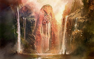 painting of brown and green waterfalls, fantasy art, waterfall