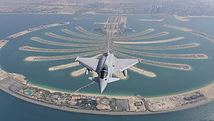 white and blue sail boat, Eurofighter Typhoon, Royal Air Force, Palm Islands, Dubai