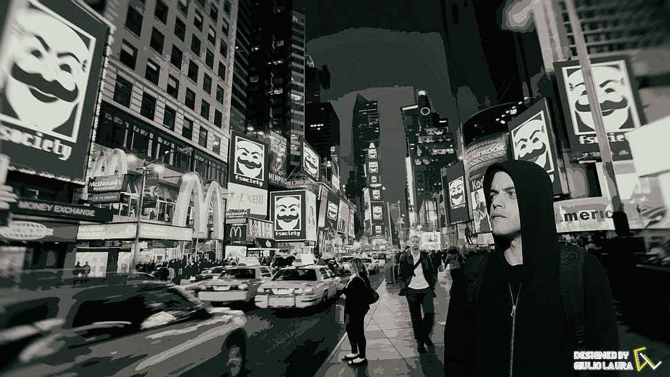 grayscale photo of man standing near city buildings, Mr. Robot, fsociety, New York City, Time Square HD wallpaper