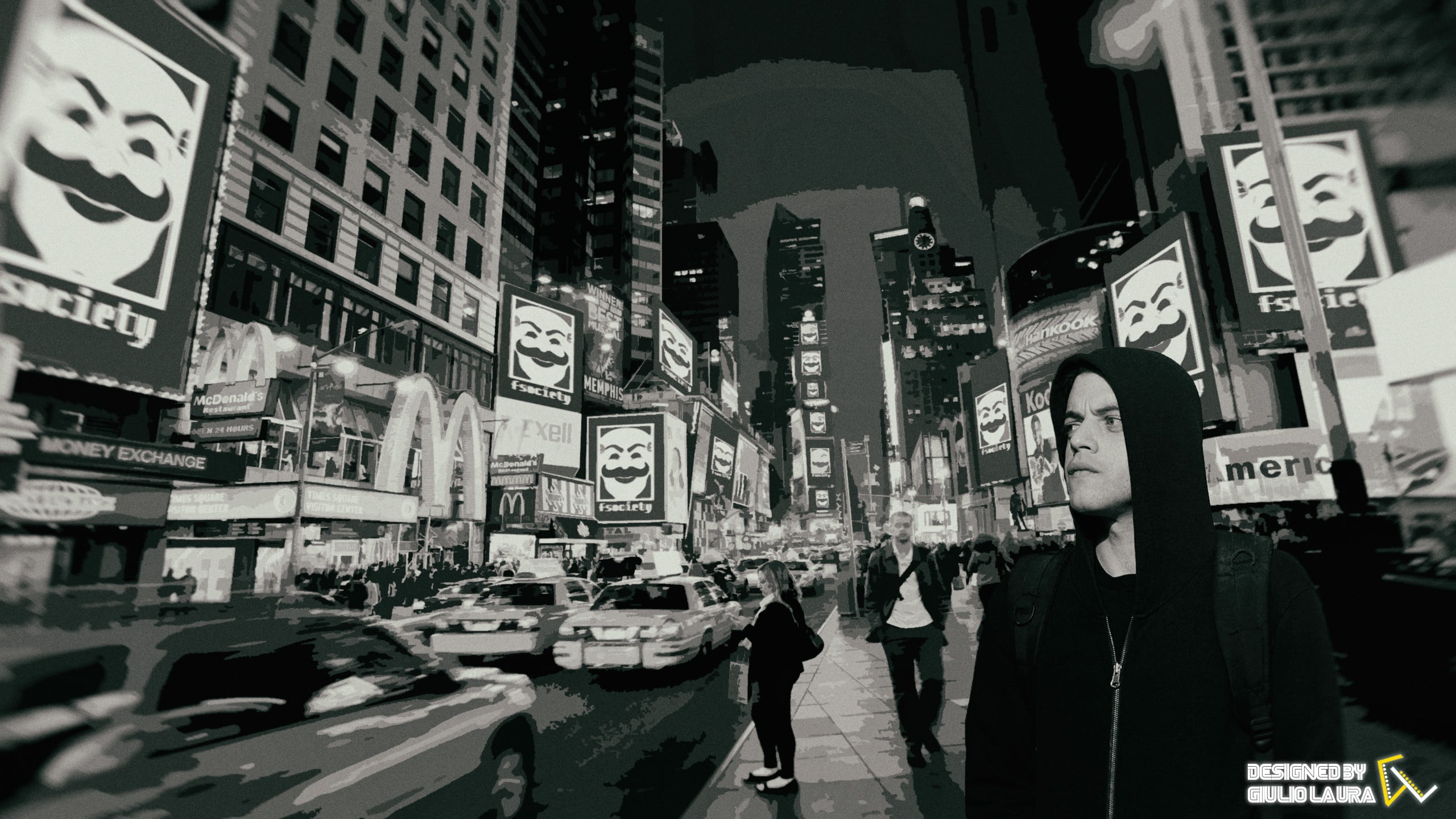grayscale photo of man standing near city buildings, Mr. Robot, fsociety, New York City, Time Square