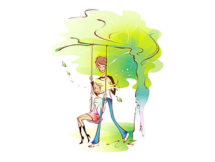 photography of man pushing woman on swing chair illustration