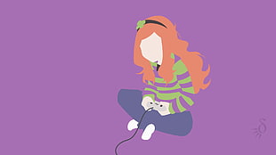 animated female character holding corded game controller, Vivian James, green, purple, purple background