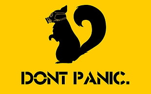 black squirrel with dont panic text overlay, yellow background, typography, gas masks, humor