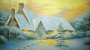 snow filled house surrounded by trees painting
