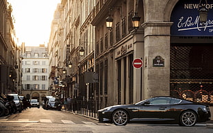 black coupe, car, city, road, street