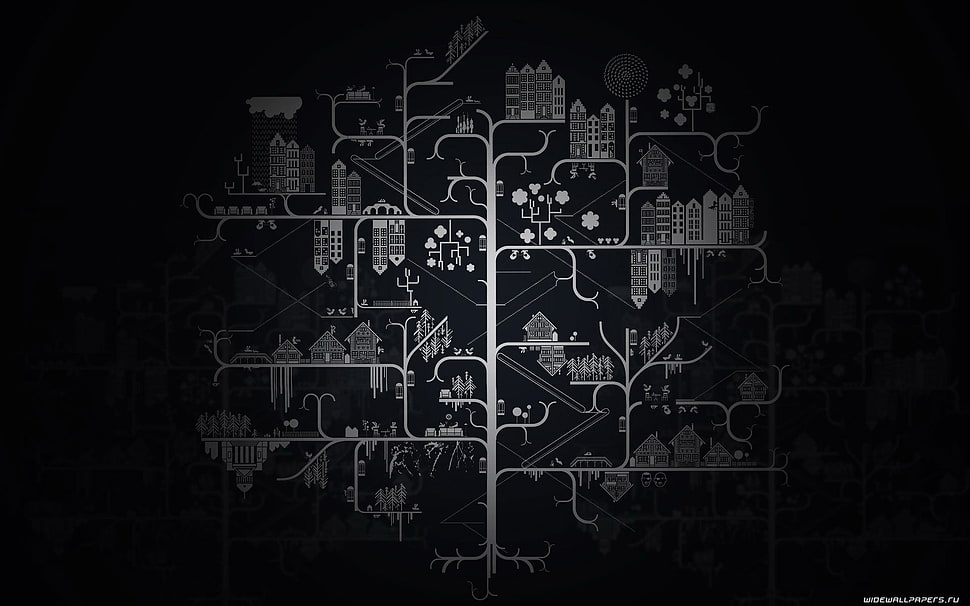 gray and black tree with building illustration, electronics, infographics HD wallpaper