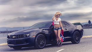 black Chevrolet Camaro coupe, women, car, jean shorts, blonde HD wallpaper