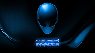 Alienware invader logo, digital art, wireframe, aliens, blue