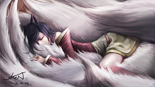female anime character in red and yellow dress lying on white fur