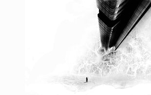man standing in front of glass building illustration, monochrome, abstract, digital art, white background