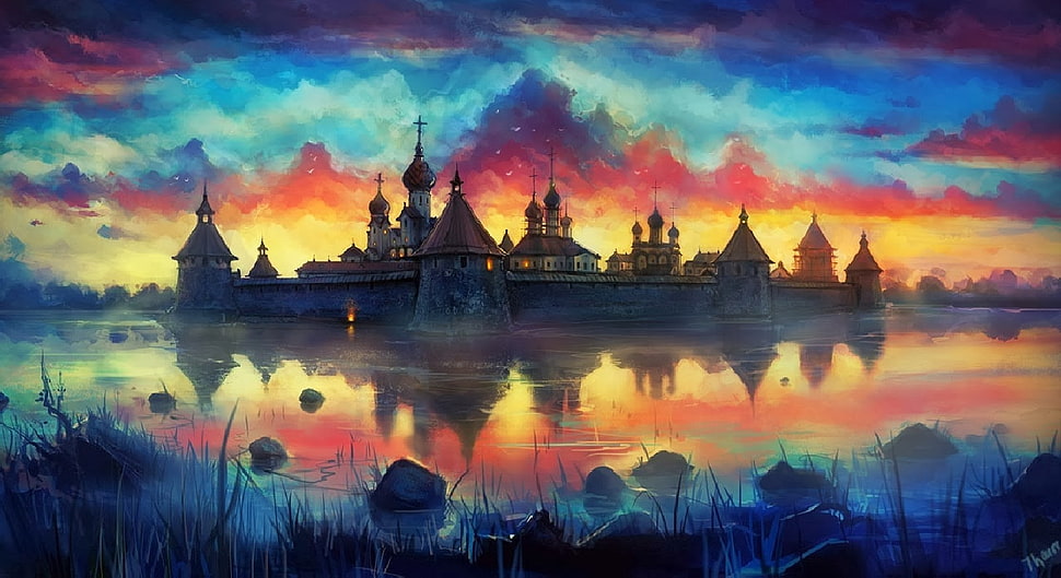castle island digital wallpaper, castle, artwork, lake, clouds HD wallpaper