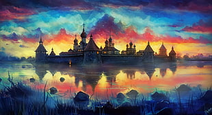 castle island digital wallpaper, castle, artwork, lake, clouds