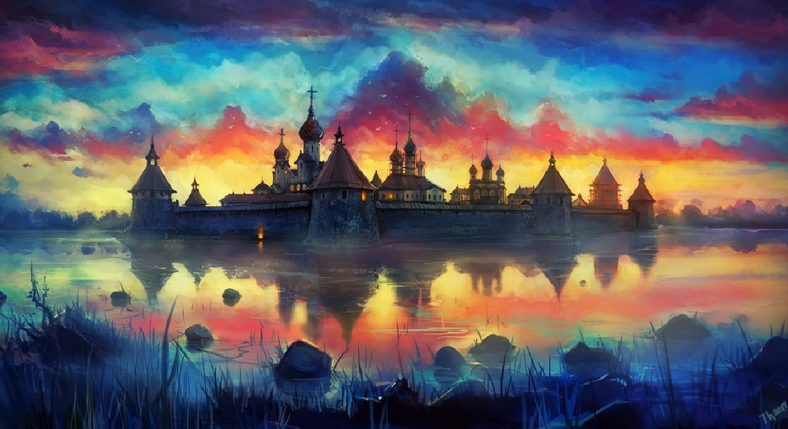 castle island digital wallpaper, castle, artwork, lake, clouds