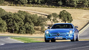 blue Mercedes-Benz sports coupe, Mercedes SLS, car, Mercedes-Benz, blue cars