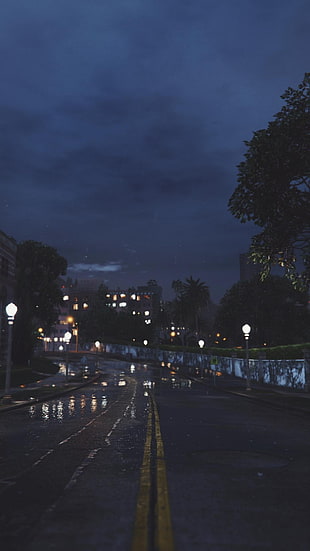 gray concrete road, rain, road, night, night sky HD wallpaper