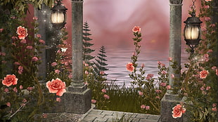 red Rose flowers near body of water illustration