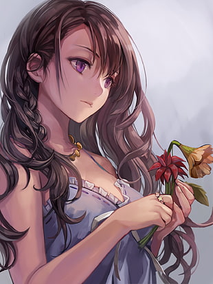 brown-haired girl anime character holding a flower