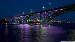 green and purple bridge, Ontario, Peace Bridge, night, water