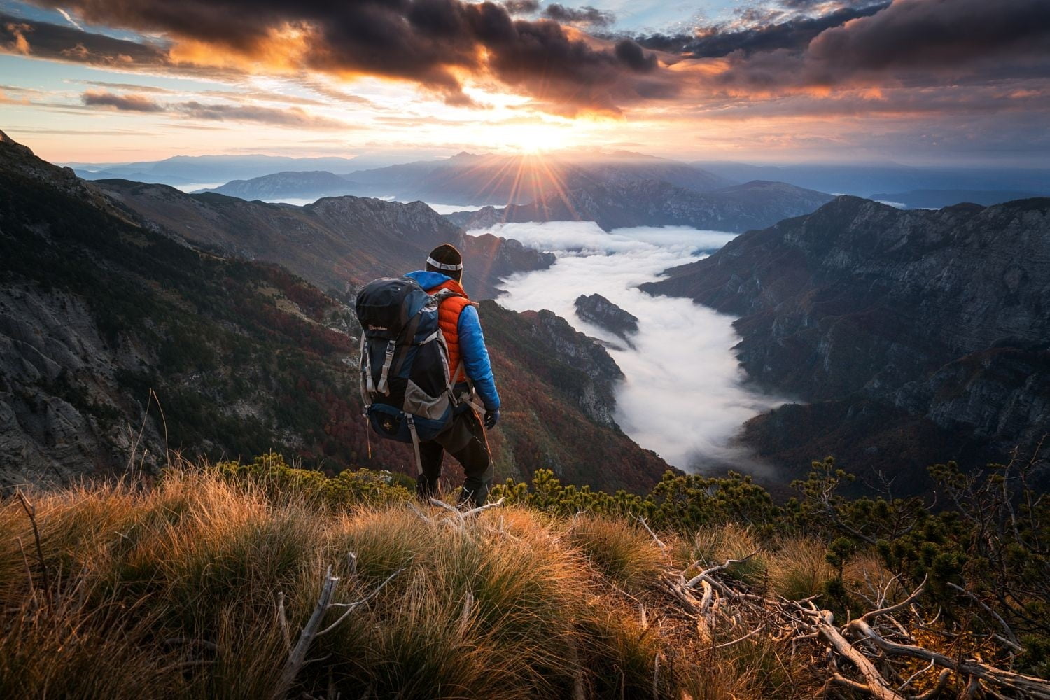 man standing in front of mountains, nature, photography, landscape, hiking