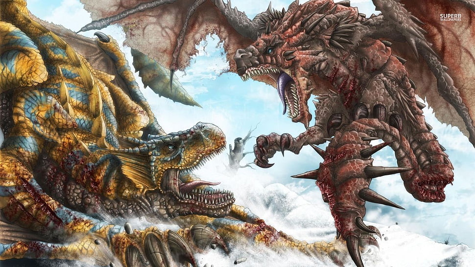 two dragons illustration, Monster Hunter, Tigrex, Rathalos HD wallpaper