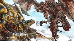 two dragons illustration, Monster Hunter, Tigrex, Rathalos