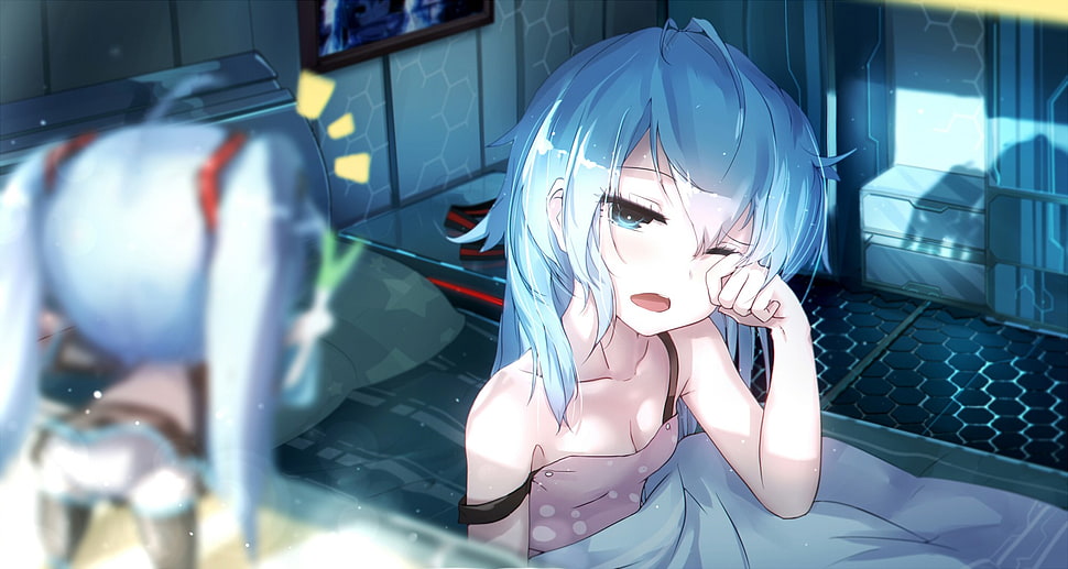 female anime character, anime, sleepy, anime girls, turquoise hair HD wallpaper