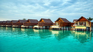 brown wooden house, Maldives, resort, sea, turquoise