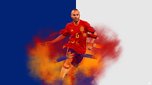 man wearing red and yellow jersey shirt and blue shorts in white and blue background