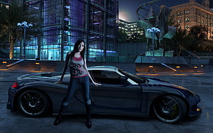 girl standing beside gray sports coupe at nighttime