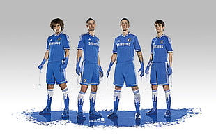 four men in blue Samsung soccer jersey uniforms graphics