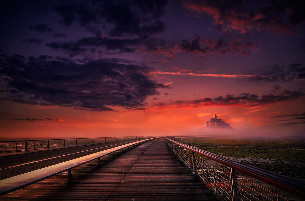 gray concrete bridge, castle, path, bridge, clouds HD wallpaper