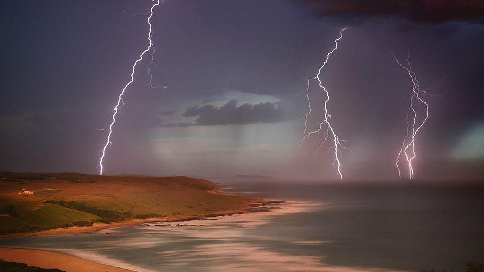 lighting, lightning, landscape, beach HD wallpaper