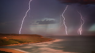 lighting, lightning, landscape, beach HD wallpaper