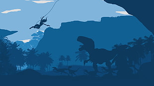 woman and dinosaur illustration HD wallpaper