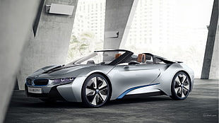 gray convertible coupe, BMW i8, BMW, silver cars, vehicle