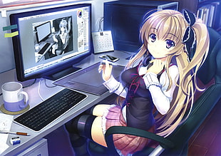 female anime character, anime, original characters, computer, keyboards HD wallpaper